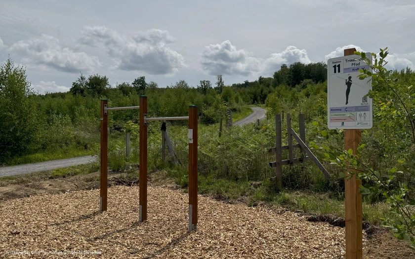 Outdoor-Fitnessstation mit Holzstangen auf einem Holzschnitzelbelag in einer Grünanlage.