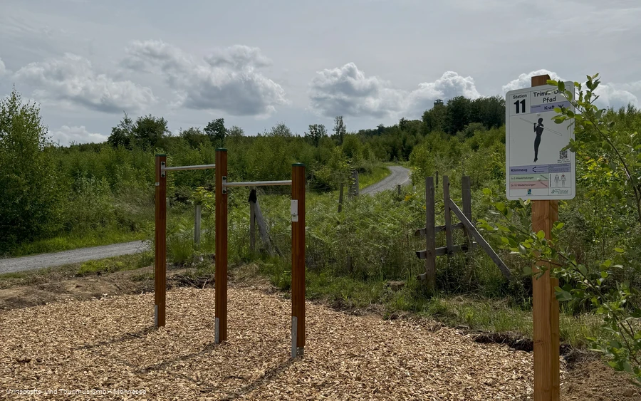 Outdoor-Fitnessstation mit Holzstangen auf einem Holzschnitzelbelag in einer Grünanlage.